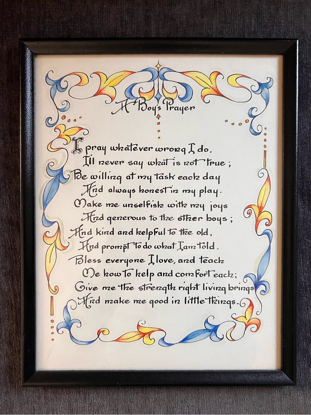 Antique Framed Home Art 'A Boy's Prayer' in Blue, Yellow & Orange